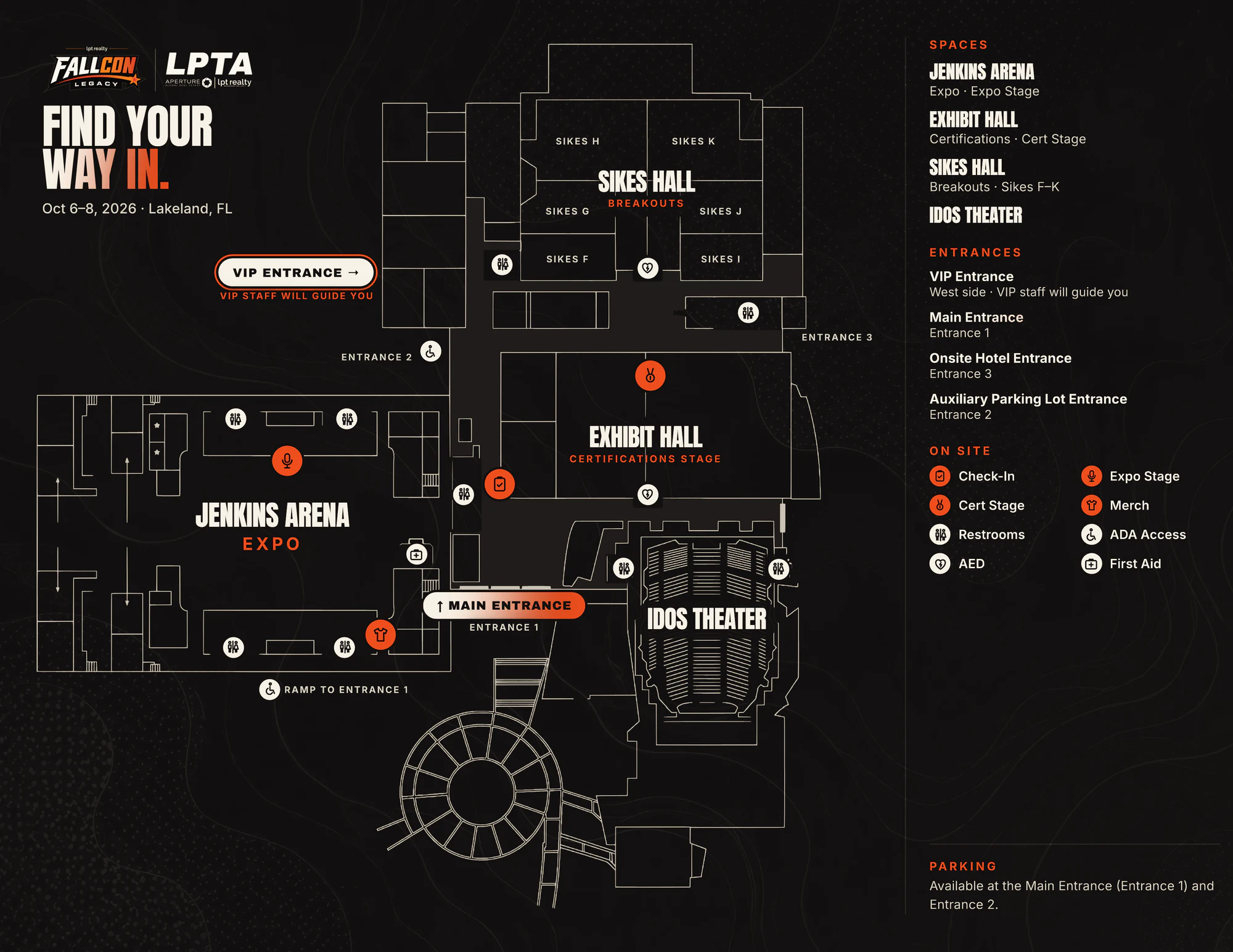 FallCon 2026 venue map of RP Funding Center: Jenkins Arena (Expo and Expo Stage), Exhibit Hall (Certifications Stage), Sikes Hall breakout rooms F–K, and the IDOS Theater, with the VIP, Main (Entrance 1), Auxiliary Parking (Entrance 2), and Onsite Hotel (Entrance 3) entrances, plus check-in, restrooms, ADA access, AED, and first aid locations.